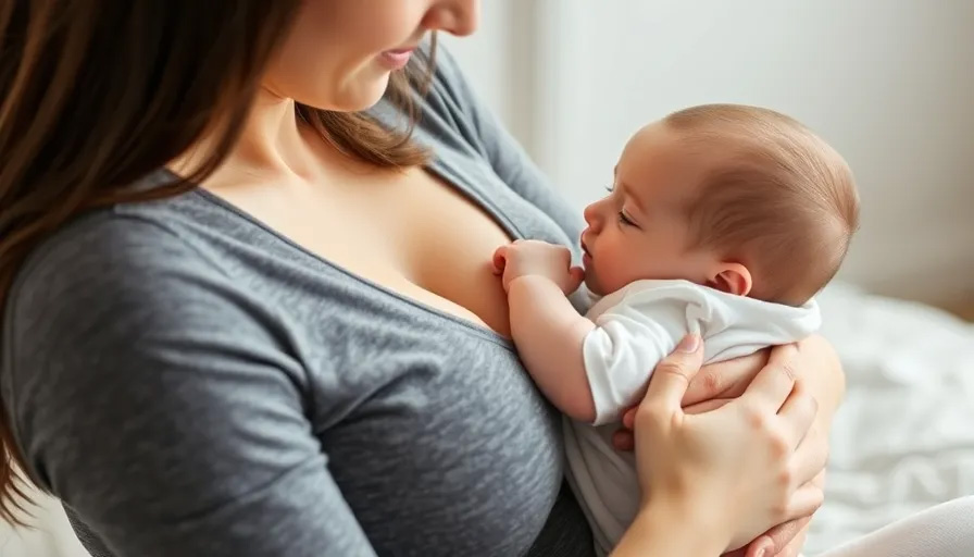 Mother is holding a baby near her breasts